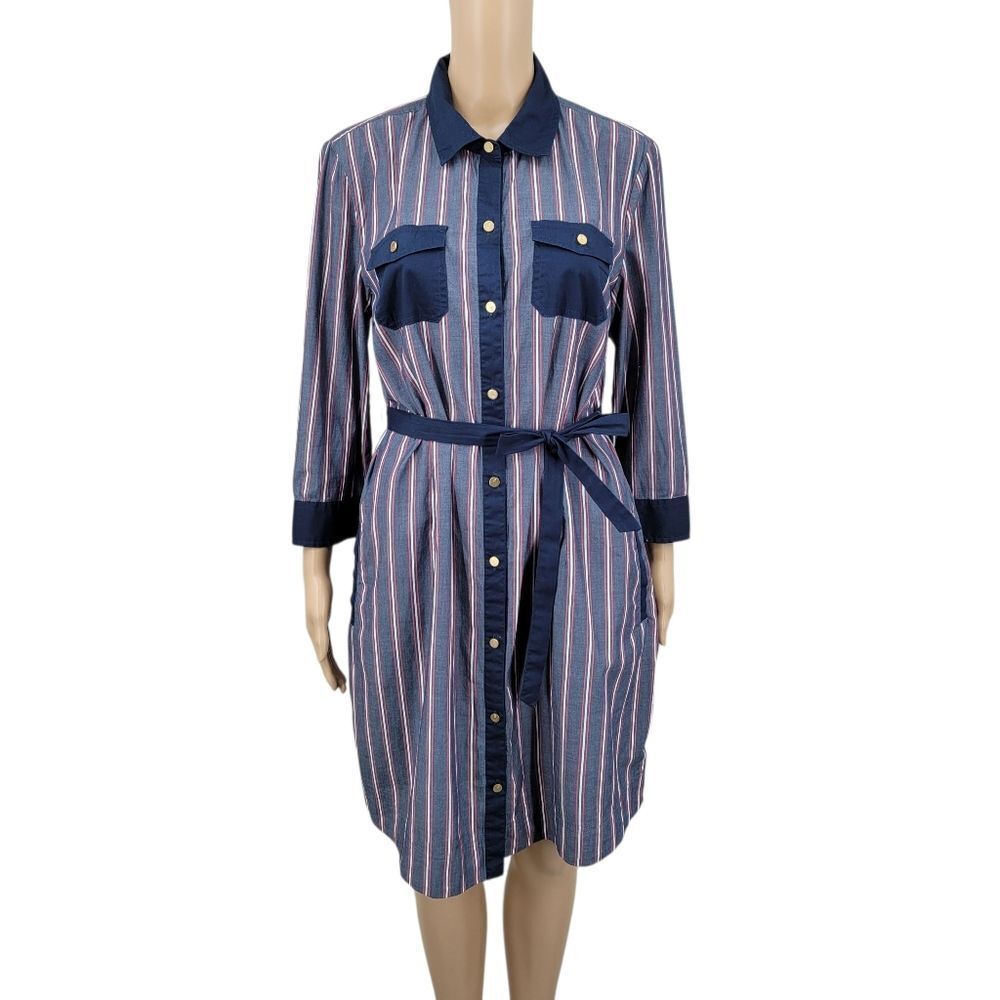 Tommy Hilfiger Navy Blue and Red Striped Women's Shirt Dress Belted
